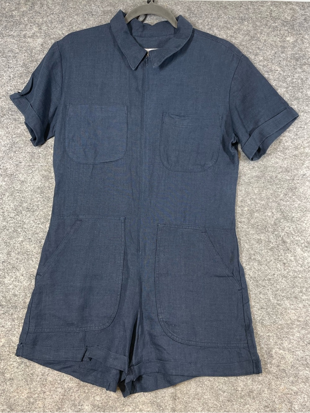 Rivet Utility Navy Linen Romper Small Utility Jumpsuit Quiet Luxury Summer